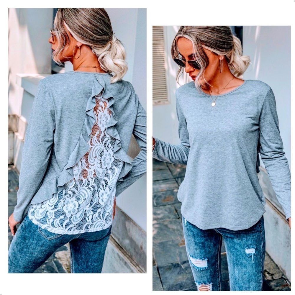 NWT! CONTRAST LACE INSERT RUFFLE TRIM TEE! - Picture 5 of 12